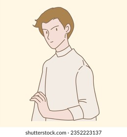 Hesitating man in turtleneck shirt glancing back and stopping short in curious situation. Male model posing. Hand drawn flat cartoon character vector illustration.