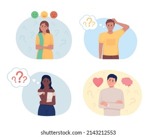 Hesitating people 2D vector isolated illustrations set. Doubtful flat characters on cartoon background. Difficult choice colourful scenes collection for mobile, website, presentation