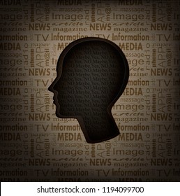 hesitation concept, man profile with text inside and text pattern outside, mass media and human  mind concept, vector,

