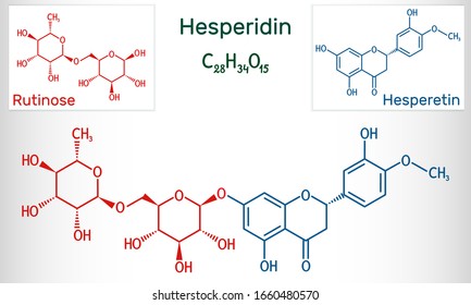 Hesperidin, rutinose, hesperetin molecule. Flavonoid, favanone glycoside, drugs for treatment of venous disease. Structural chemical formula and molecule model. Vector illustration