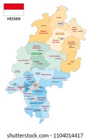 Hesse administrative and political map with flag in german language