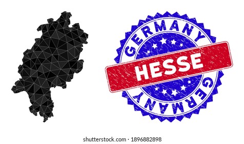 Hesse Land map polygonal mesh with filled triangles, and unclean bicolor stamp seal. Triangle mosaic Hesse Land map with mesh vector model, triangles have variable sizes, and positions,
