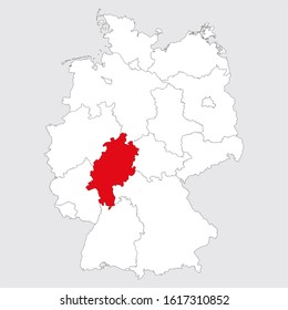 Hesse province highlighted on germany map. Gray background. German political map.