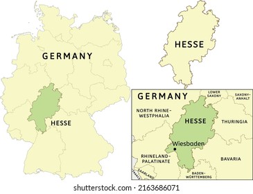 Hesse state location on map of Germany. Capital city is Wiesbaden