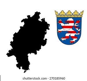 Hessen map vector, high detailed silhouette illustration isolated on white background. Coat of arms of Hesse, Hessen, Germany state, vector coat of arms in official colors and Proportion Correctly. 