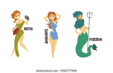 Hestia, Aphrodite, Poseidon Greek Gods Set, Ancient Greece Mythology Vector Illustration