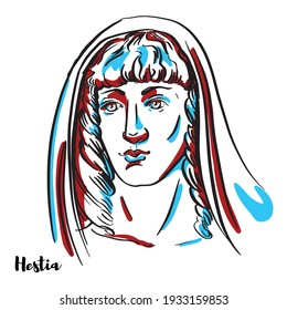 Retrato vectorial grabado en hestia con contornos de tinta sobre fondo blanco. En la antigua religión griega, Hestia es la diosa virgen del corazón, la familia y el hogar.