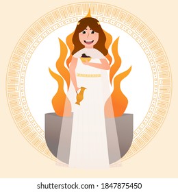 Hestia greece goddess of hearth, liitle girl in ancient greece costumeholding grape and pottery, flame on background, meander circle frame, roman pantheon