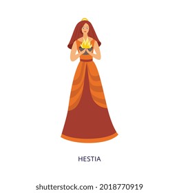 Hestia mythological Greek goddess of the hearth and sacrificial fire, flat vector illustration isolated on white background. Cartoon female character of Hestia.