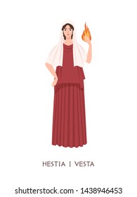 Hestia or Vesta - deity or virgin goddess of hearth, home, domesticity, family from ancient Greek and Roman religion. Female mythological character holding fire. Flat cartoon vector illustration.