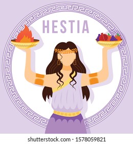 Hestia violet social media post mockup. Ancient Greek goddess. Mythological figure. Web banner design template. Social media booster, content layout. Poster, printable card with flat illustrations