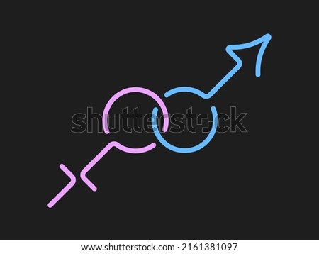 Heterosexual couple flat illustration. Stylized blue and pink male and female gender symbols on black background.
