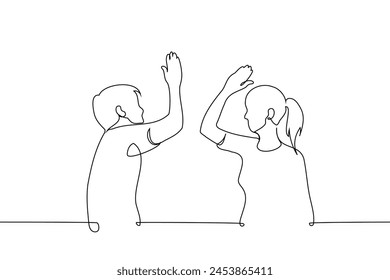 heterosexual couple, high five, deal, couple, heterosexual, friendship, cooperation, union, agreement, duet, friendship between man and woman. Handmade vector not AI