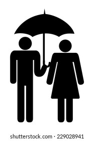 Heterosexual couple in love together under the umbrella that guy hold in his hand - icon. Two people, man and woman black silhouette design. vector art image illustration, isolated on white background