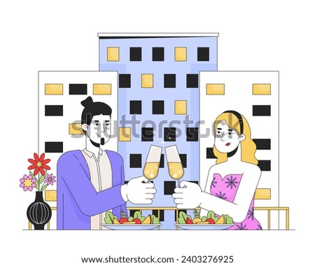 Heterosexual couple on date night restaurant line cartoon flat illustration. Champagne clinking caucasian 2D lineart characters isolated on white background. Valentines day scene vector color image