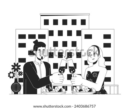 Heterosexual couple on date night restaurant black and white cartoon flat illustration. Champagne clinking caucasian 2D lineart characters isolated. Valentines monochrome scene vector outline image