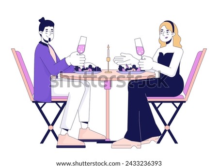 Heterosexual couple on romantic date 2D linear cartoon characters. Caucasian adult girlfriend boyfriend isolated line vector people white background. Speed dating color flat spot illustration