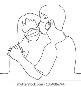 heterosexual couple in protective masks, a man and a woman embrace, a man kisses a woman on the cheek. one line drawing masked kiss
