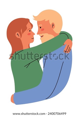 Heterosexual couple romantically hugging each other, looking in the eyes. Hand drawn vector illustration