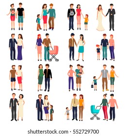 Parejas heterosexuales y familias con hijos aisladas en ilustración vectorial de fondo blanco