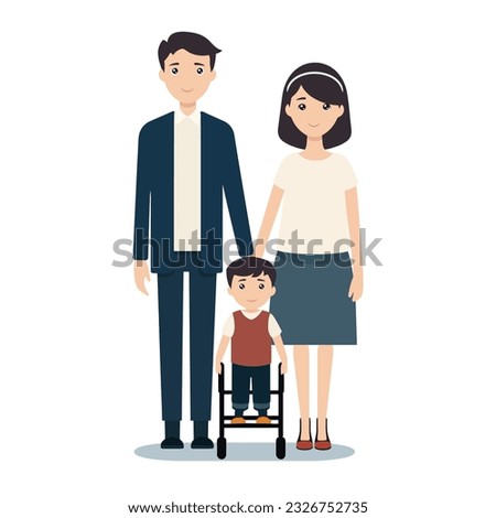 A Heterosexual Family with an Invalid Son - A Vector Image and a Silhouette Isolated on White Background