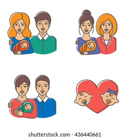 Heterosexual and homosexual families. Vector illustration of couple with baby - straight, lesbian, gay couples