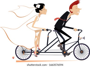 Heterosexual married wedding couple rides on a tandem bike illustration. Happy man and woman in the white dress and bridal goes marriage on the tandem bike isolated on white
