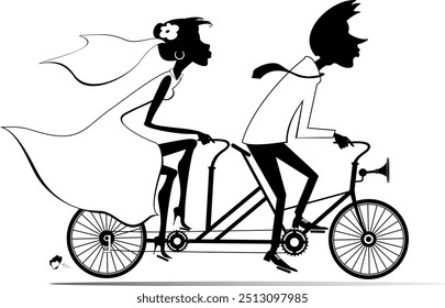 Casal heterossexual casado anda de bicicleta tandem. 
Feliz homem e mulher com vestido branco e noiva vai casamento na bicicleta tandem. Preto-e-branco
