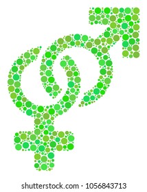 Heterosexual Symbol composition of dots in different sizes and eco green color tinges. Vector circle elements are organized into heterosexual symbol collage. Freshness vector illustration.