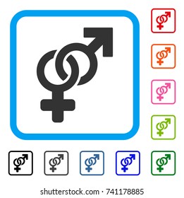 Heterosexual Symbol icon. Flat gray pictogram symbol in a light blue rounded rectangular frame. Black, gray, green, blue, red, orange color additional versions of Heterosexual Symbol vector.