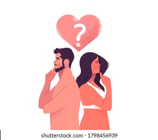 Hetrosexual couple thinking about love life, sexuality or relationship problem on isolated background. Modern flat cartoon characters illustration of man and woman with question mark.