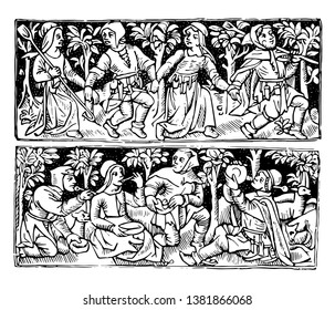 Heures a L'usaige de Chartre is engraved ornaments by Simon Vostre, vintage line drawing or engraving illustration.