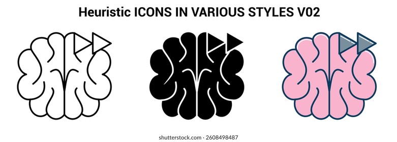 Heuristic icon represented by brain, fast forward symbol Line, Filled, Color style.
