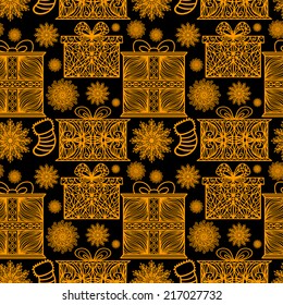 Hew year and Christmas seamless pattern with snowflake, gift box, stocking. Abstract holidays ornament. Repeating print background texture. Fabric design. Wallpaper 