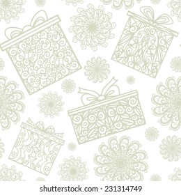 Hew year and Christmas seamless pattern with snowflake and gift box. Abstract holidays ornament. Repeating print background texture. Fabric design. Wallpaper 