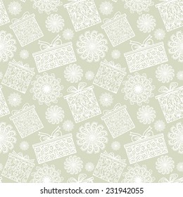 Hew year and Christmas seamless pattern with snowflake and gift box. Abstract holidays ornament. Repeating print background texture. Fabric design. Wallpaper 
