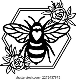 Abeja hexagonal y flores - cita de abejas, letras dibujadas a mano para una impresión tierno. Citas positivas aisladas en fondo blanco. Slogan feliz para la camiseta. Ilustración vectorial, hojas. Afiche de tipografía