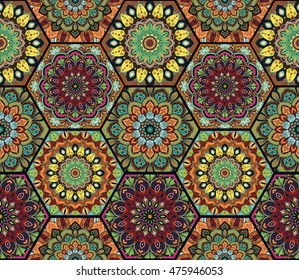 Hex Boho Pattern. Seamless flower ornament from floral design elements. Honey comb tiles background. Intricate hexagon wallpaper, gift paper, fabric print, fashion textile, furniture. Unusual vector.