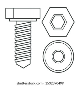 Hex bolt and nut, piece of hardware close up. Socket cap screw, fastener, hexagonal, metal or stainless steel, construction part. Flat linear black and white illustration.