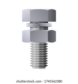 Hex bolt with nut and washer. Metal fasteners. Vector illustration isolated on white background in realistic style