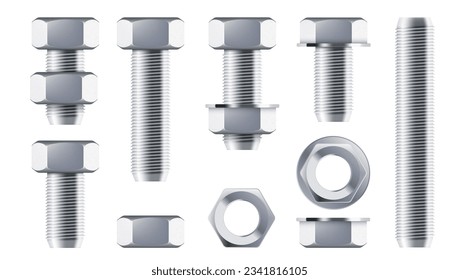 Hex Bolt With And Without Nut Set Isolated On White Background. EPS10 Vector