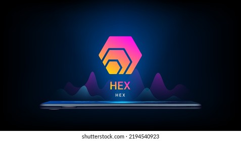 HEX coin icon crypto currency token symbol come out from smartphone with growth chart. Trading cryptocurrency on application. Financial investment. Banner for website or news. Vector EPS10.