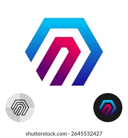 Hex colorful logo. Technical industrial style hexagonal sign made of wide gradient filled stripes. Bright colors minimalistic tech symbol