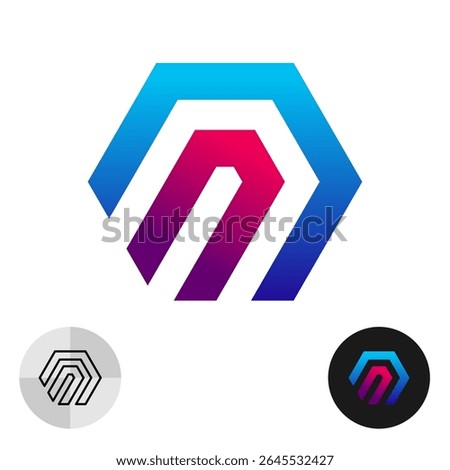 Hex colorful logo. Technical industrial style hexagonal sign made of wide gradient filled stripes. Bright colors minimalistic tech symbol