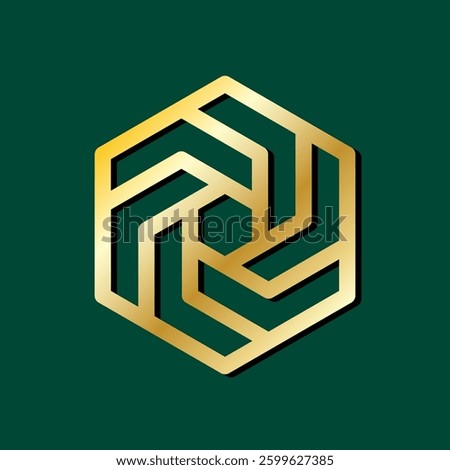 Hex geometric frame golden decoration logo. Laser or other technical automatic cutting use design of hexagon plate with cutouts and cornered linked lines. One piece body object. Jewelry element.