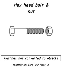 hex head bolt and nut fastener outline blueprint