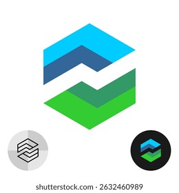 Hex industrial or technical logo with negative space bolt symbol, sky blue and plant green colors. Hexagonal minimalistic cornered tech icon