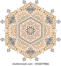 Hex with intricate pattern. Flower with six patterned petals. Mandala.