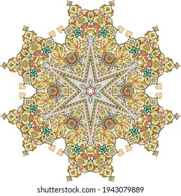 Hex with intricate pattern. Flower with six patterned petals. Mandala.
