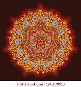 Hex with intricate pattern. Flower with six patterned petals. Mandala.